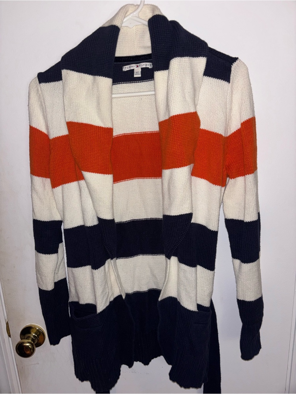 Vintage Tommy Hilfiger Navy, Cream & Orange Striped Open-Front Belted Cardigan - Picture 2 of 4